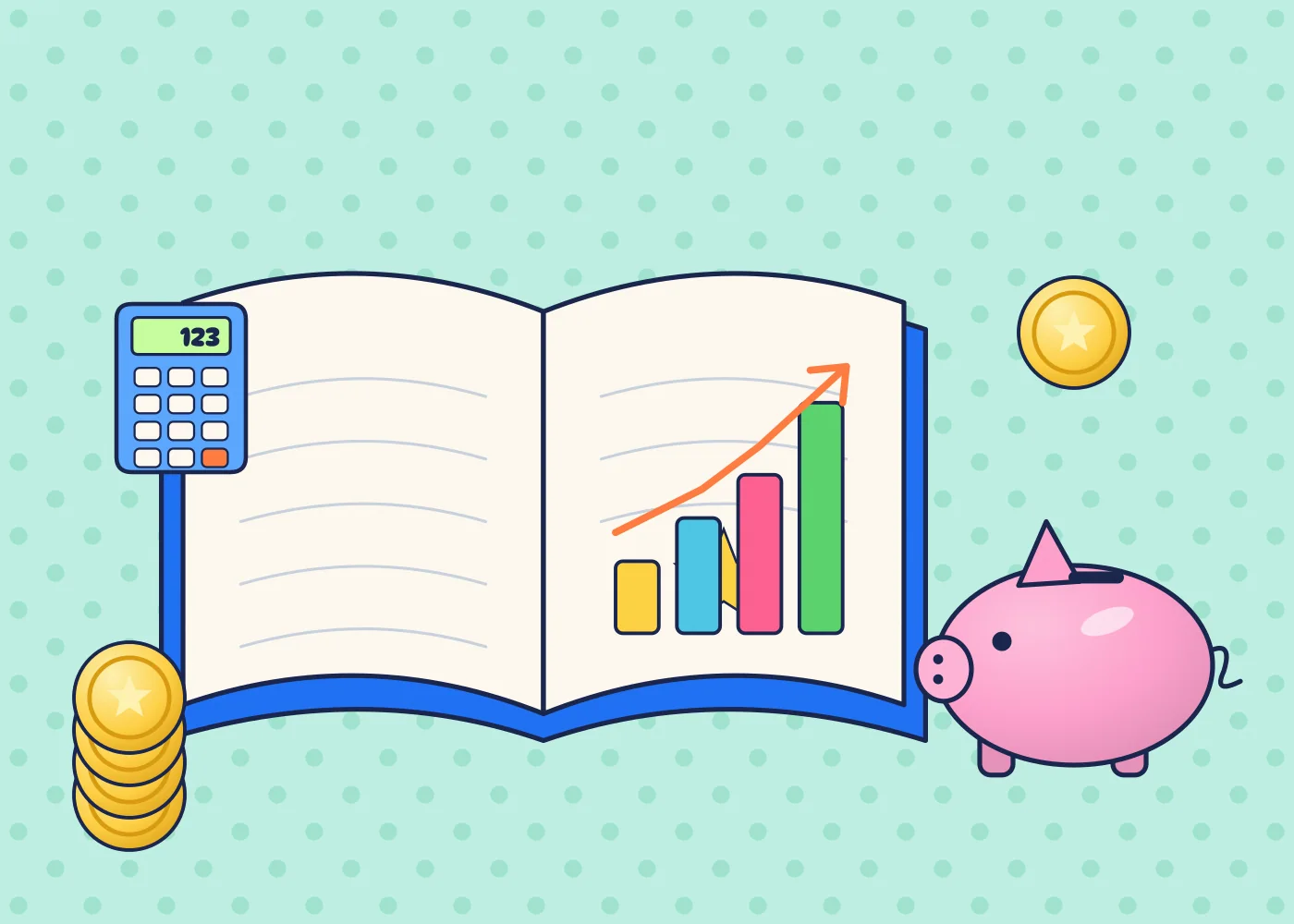 A ledger with a growing chart, a piggy bank, and coins
