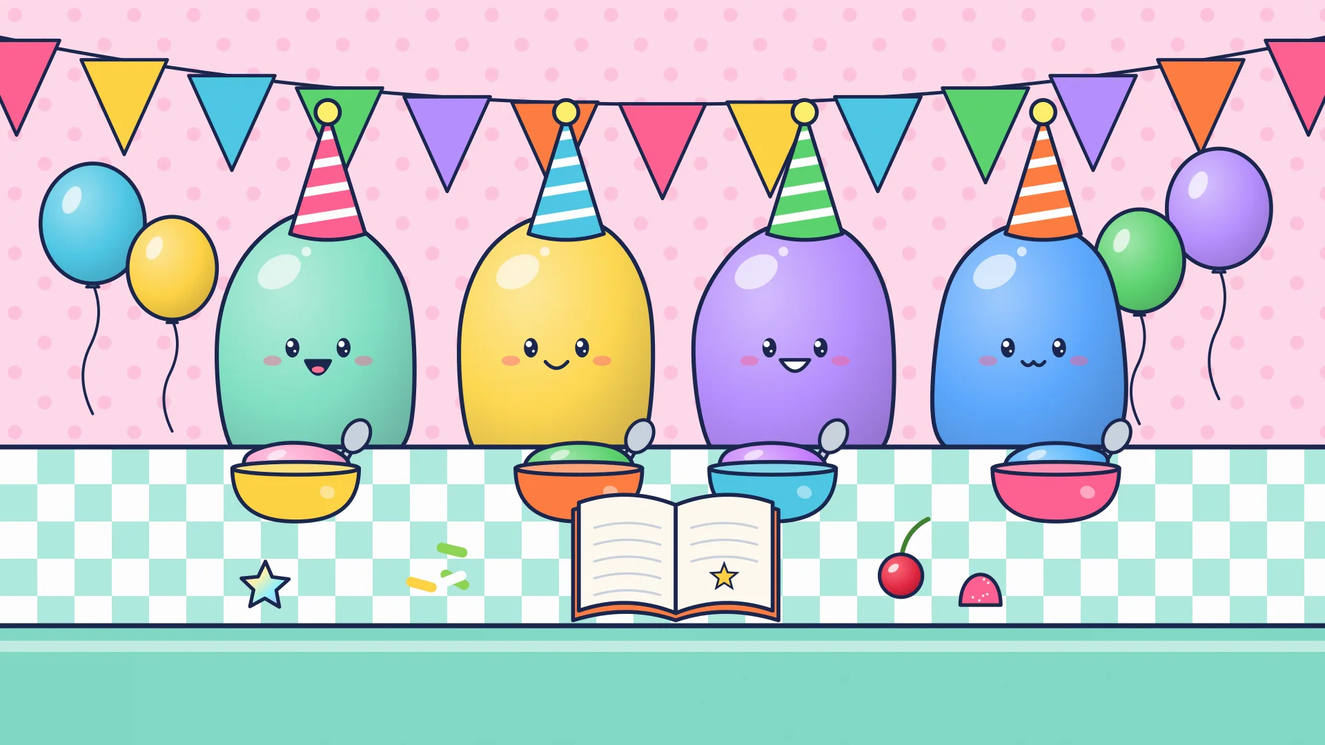 Slime buddies in party hats mixing slime at a party table